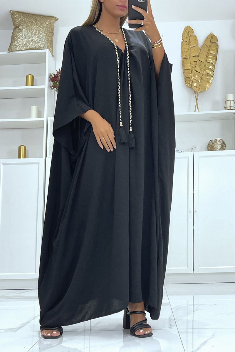 Abaya noire oversize épaisse et confortable à magnifique tresse avec dorure - 1