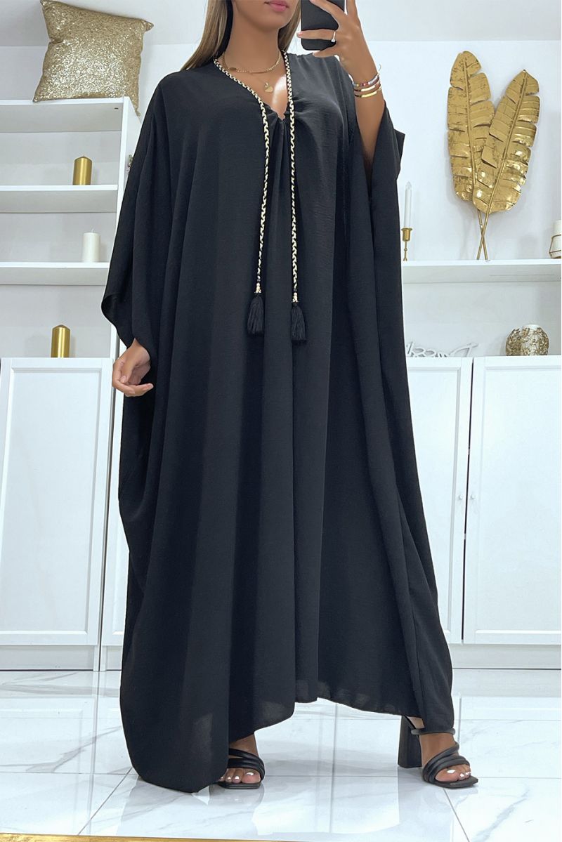 Abaya noire oversize épaisse et confortable à magnifique tresse avec dorure - 2