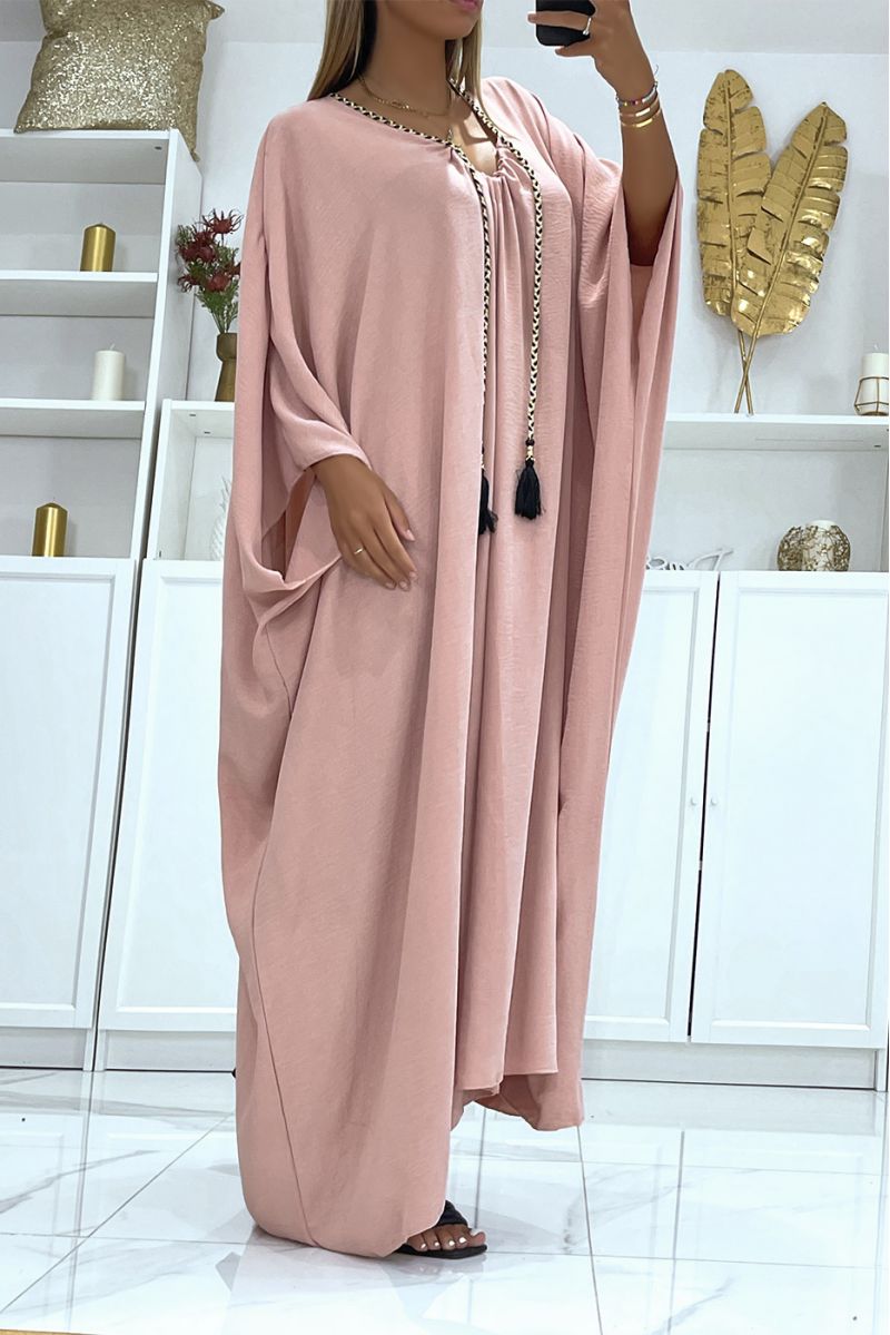 Abaya rose épaisse et confortable à magnifique tresse avec dorure - 3