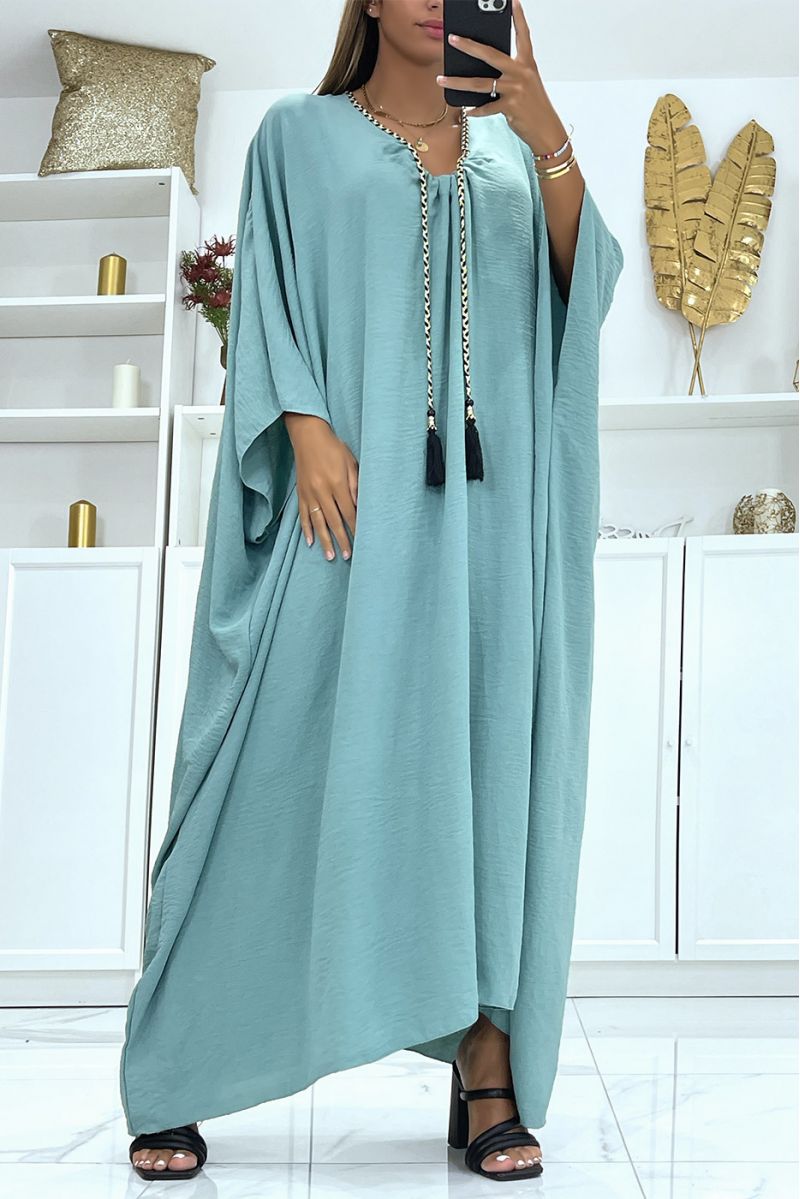 Abaya vert d'eau oversize épaisse et confortable à magnifique tresse avec dorure - 1