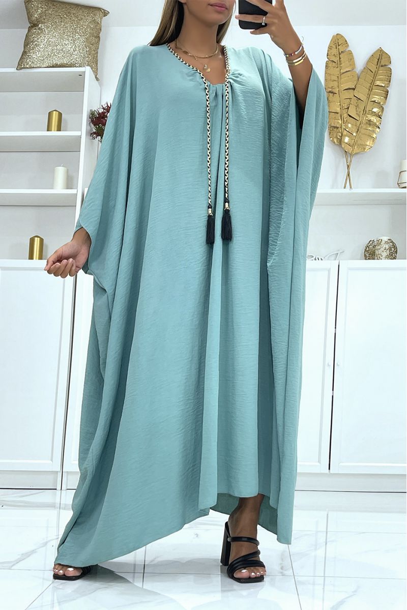 Abaya vert d'eau oversize épaisse et confortable à magnifique tresse avec dorure - 2