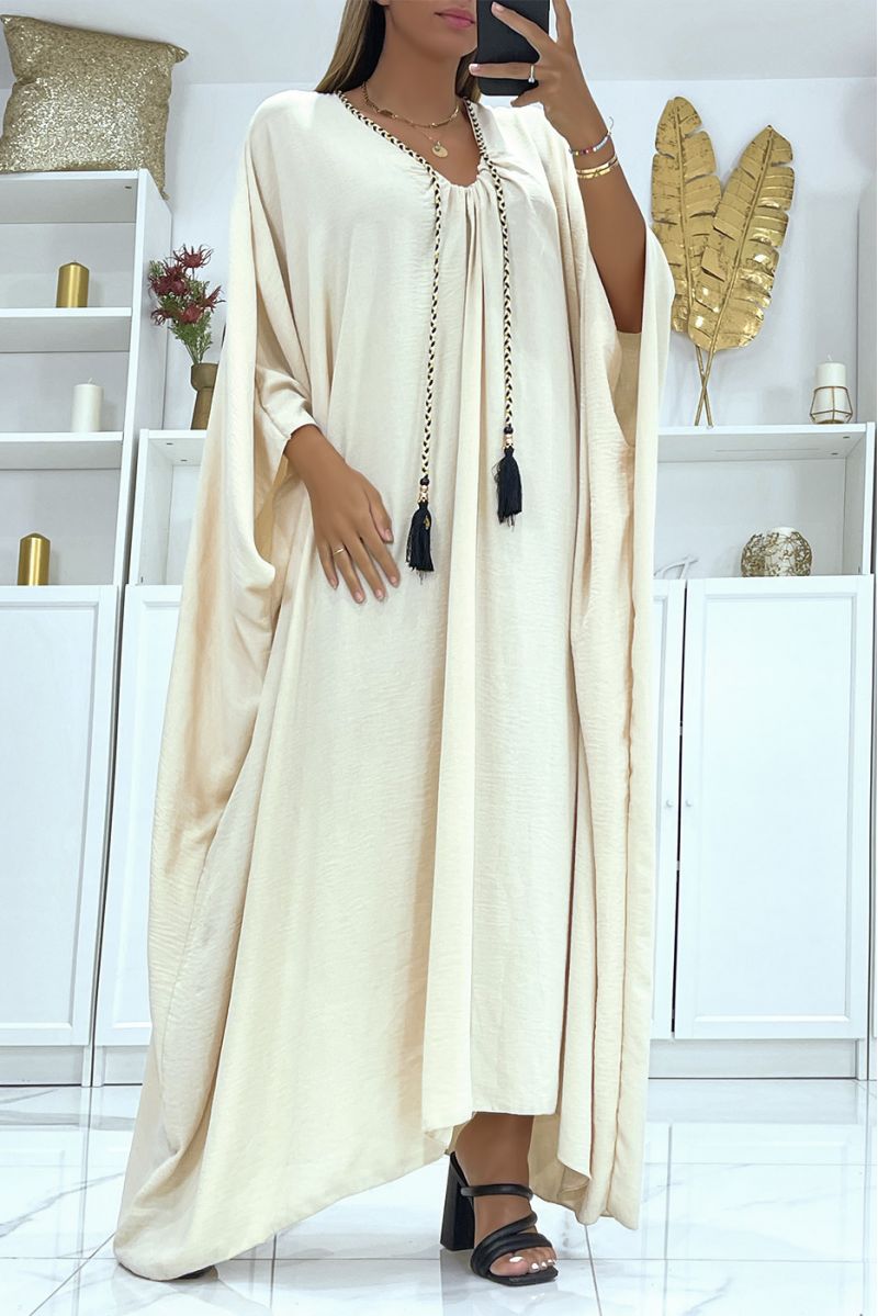 Abaya beige oversize épaisse et confortable à magnifique tresse avec dorure - 1