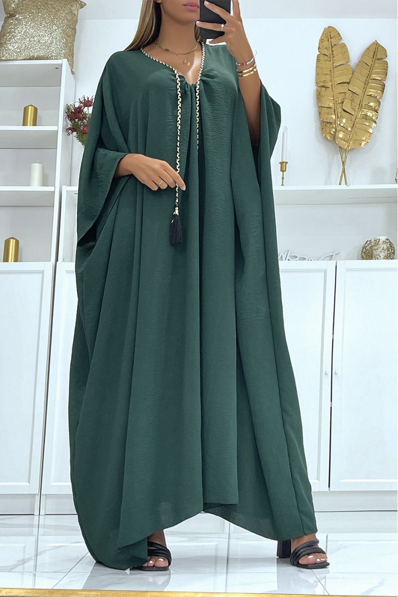 Abaya vert oversize épaisse et confortable à magnifique tresse avec dorure - 2