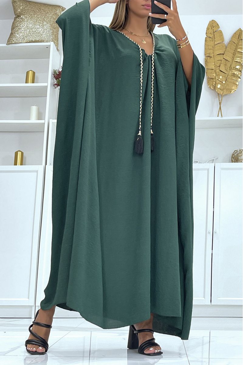 Abaya vert oversize épaisse et confortable à magnifique tresse avec dorure - 3