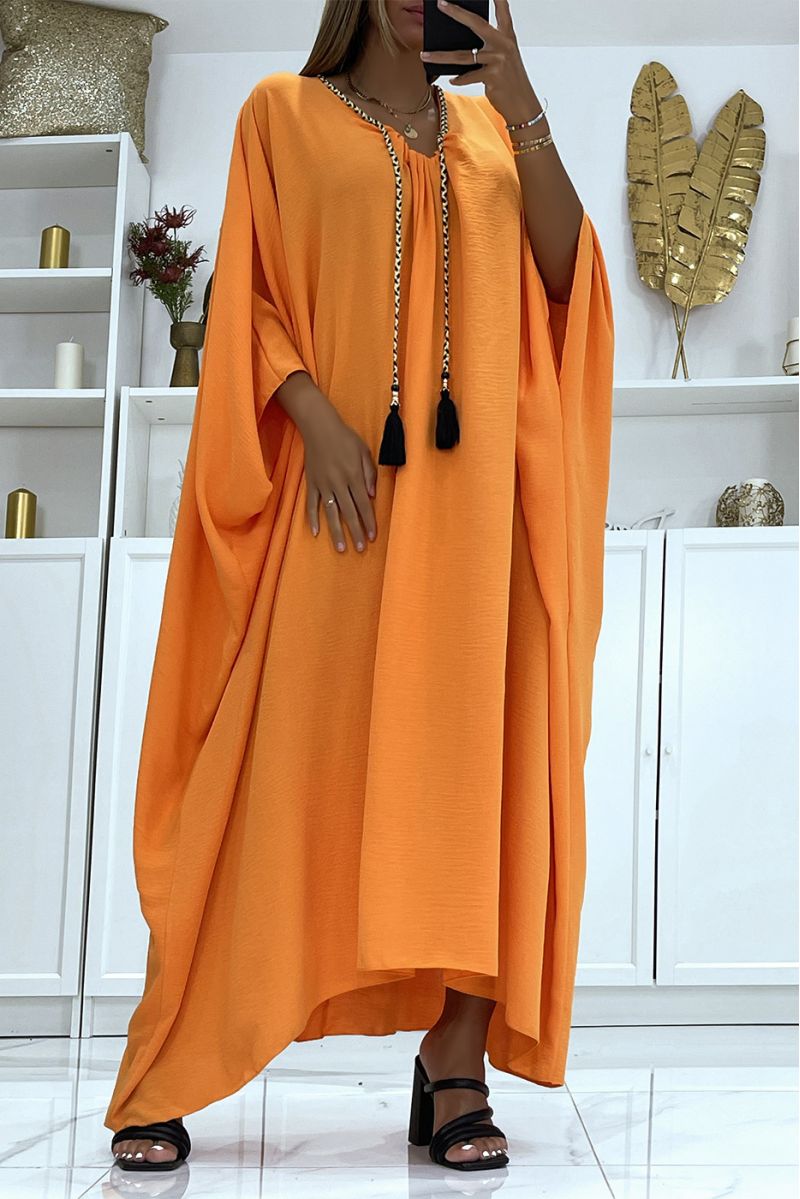 Abaya orange oversize épaisse et confortable à magnifique tresse avec dorure - 1