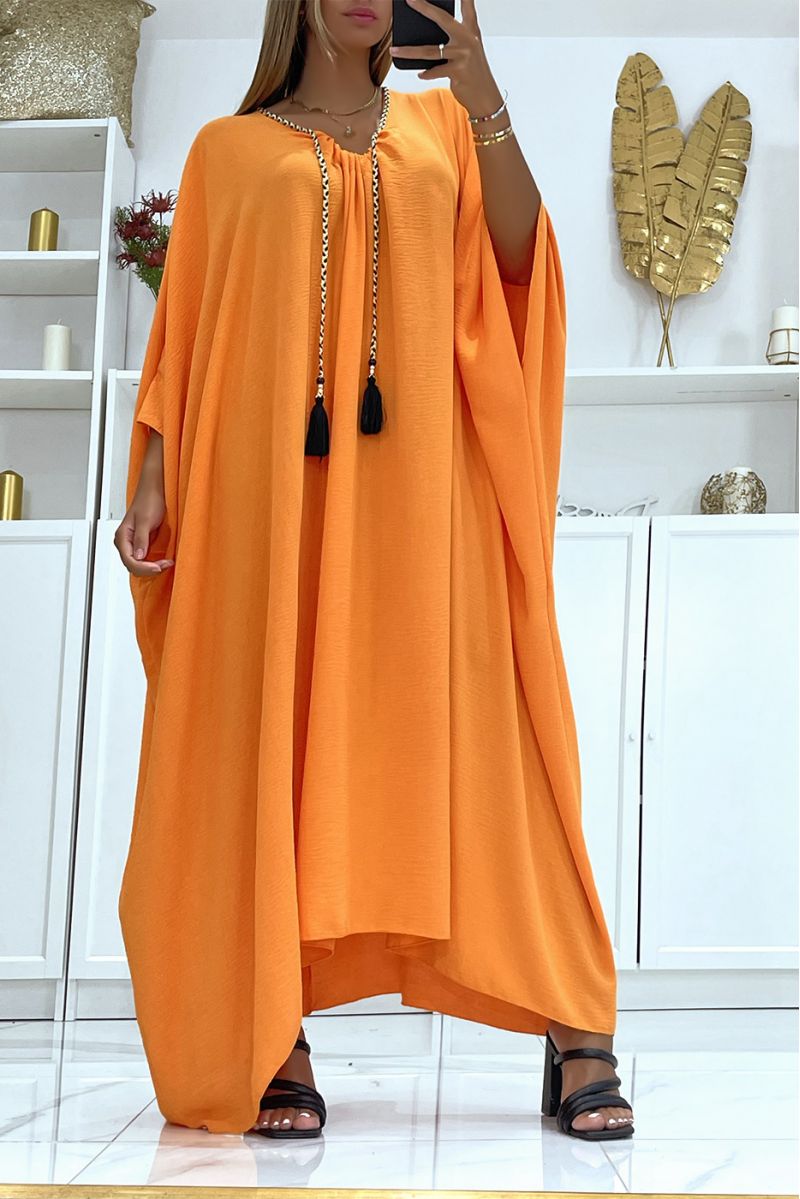 Abaya orange oversize épaisse et confortable à magnifique tresse avec dorure - 2