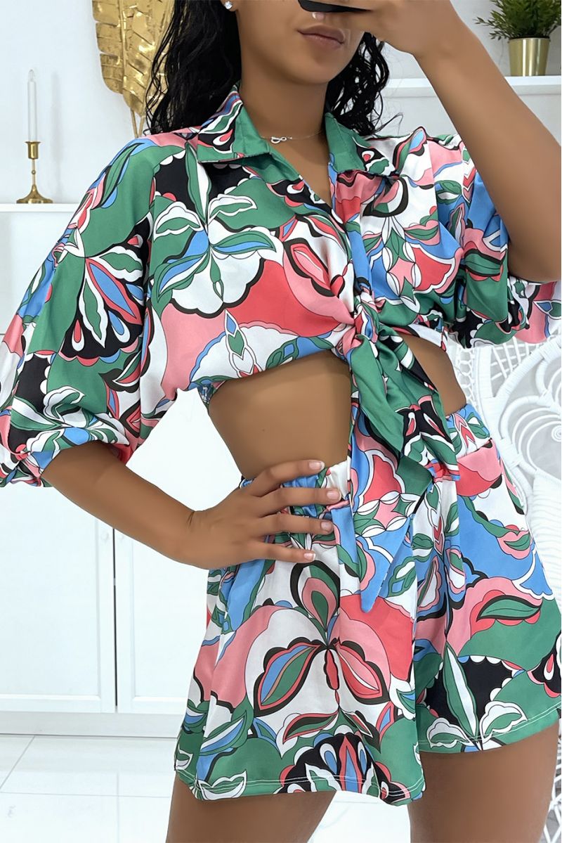 Green Original Printed Satin Shorts and Crossover Chest Blouse Set - 4