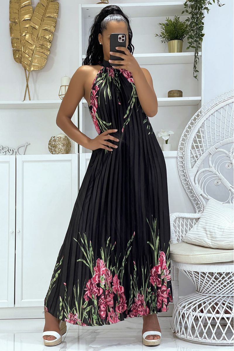 Long pleated black satin dress with floral pattern and high neck