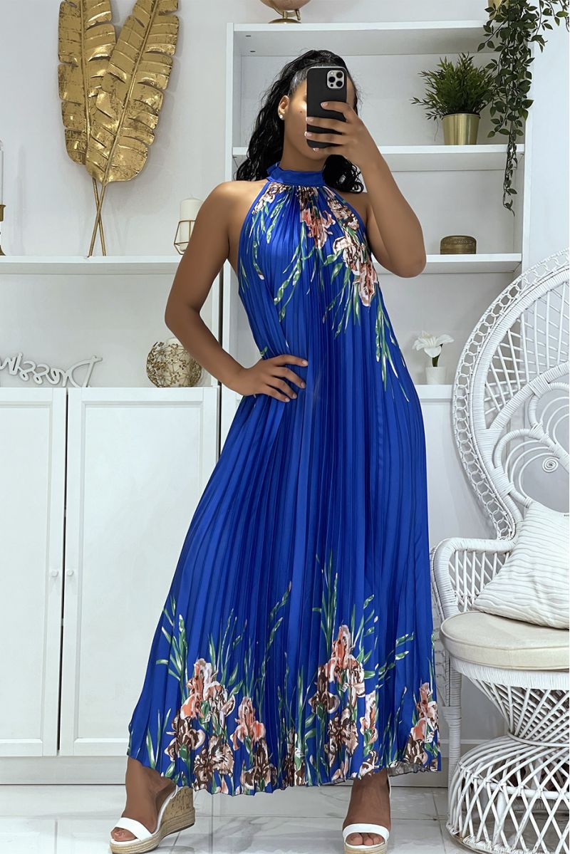 Royal satin pleated long dress with floral pattern and high collar - 3