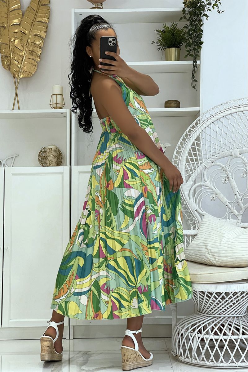 Long green pleated satin dress with original rainbow pattern - 3