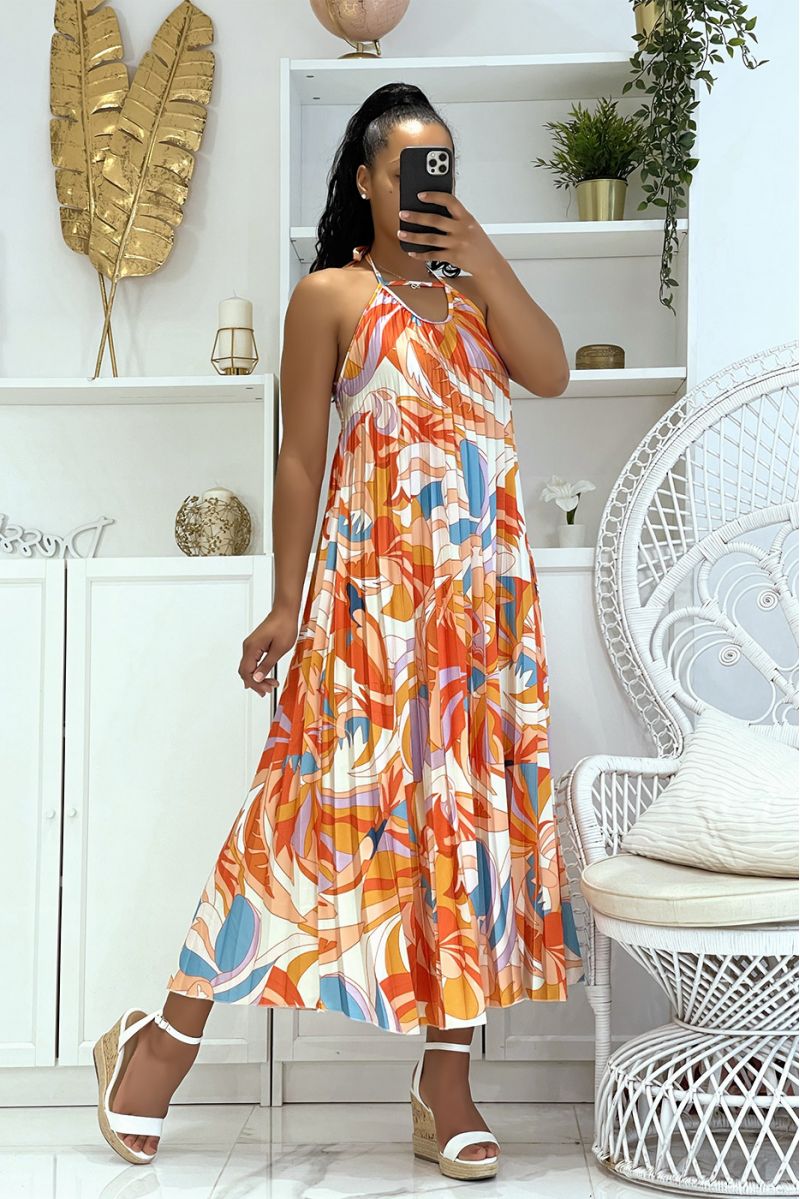 Long pleated satin orange dress with original rainbow pattern - 3