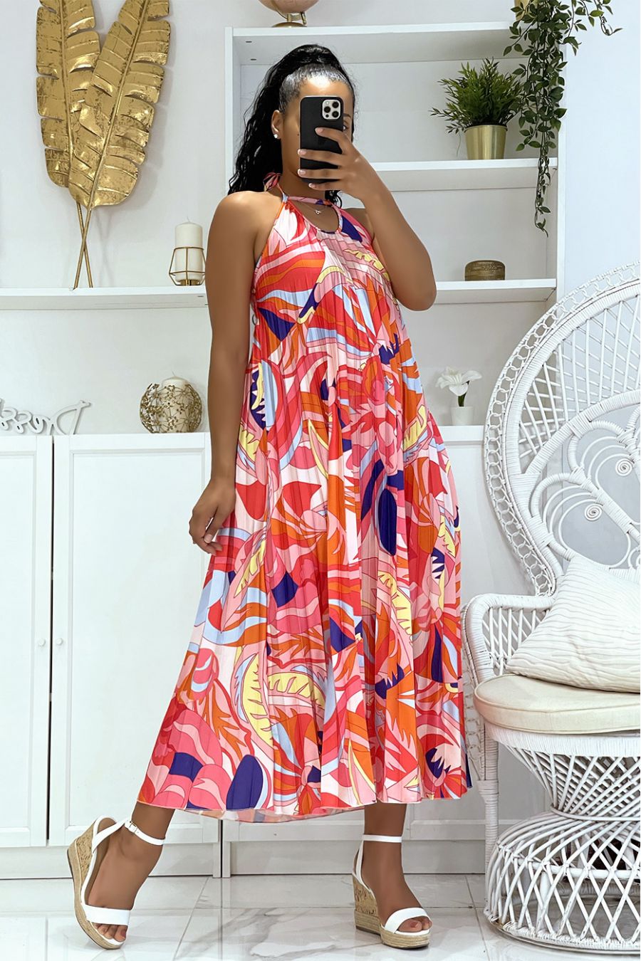 LoLLue robe fuchsia satinée plissée à motif originaux arc en ciel - 2