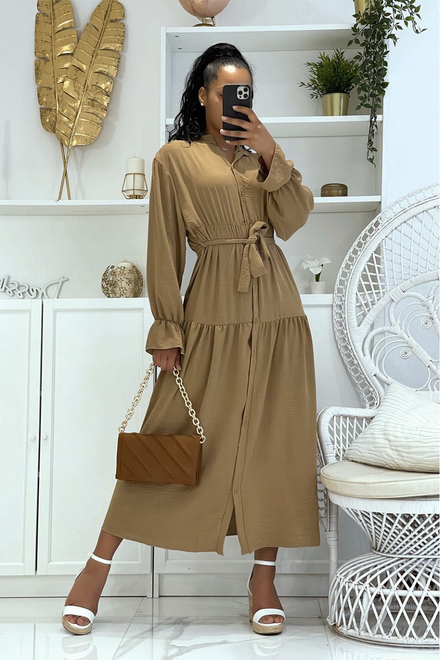 Long taupe dress with buttons and long sleeves, loose and comfortable - 1