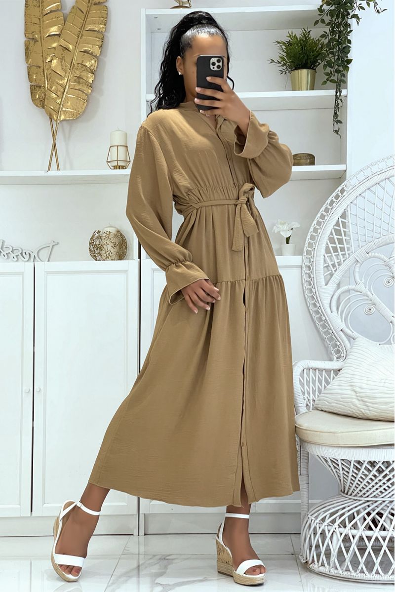 Long taupe dress with buttons and long sleeves, loose and comfortable - 3