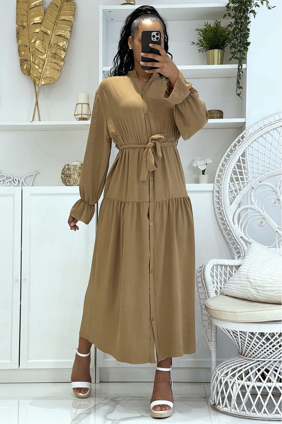 Longue robe taupe à boutons et manches longues ample et confortable - 6