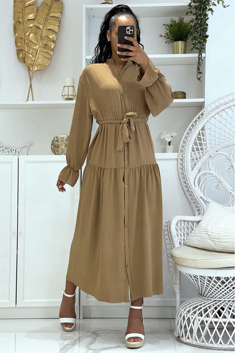 Long taupe dress with buttons and long sleeves, loose and comfortable - 6