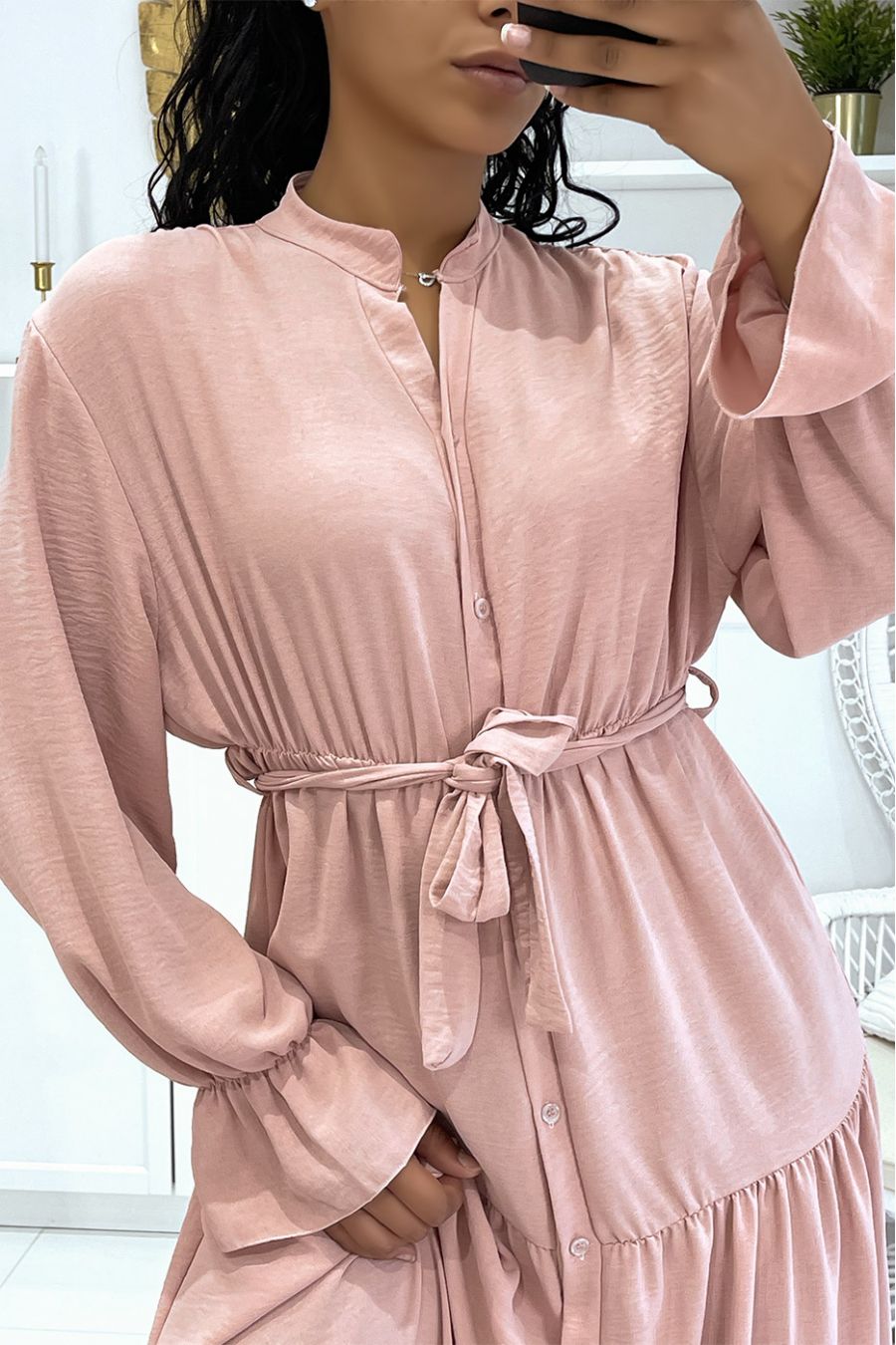 Long pink dress with buttons and long sleeves, loose and comfortable - 7