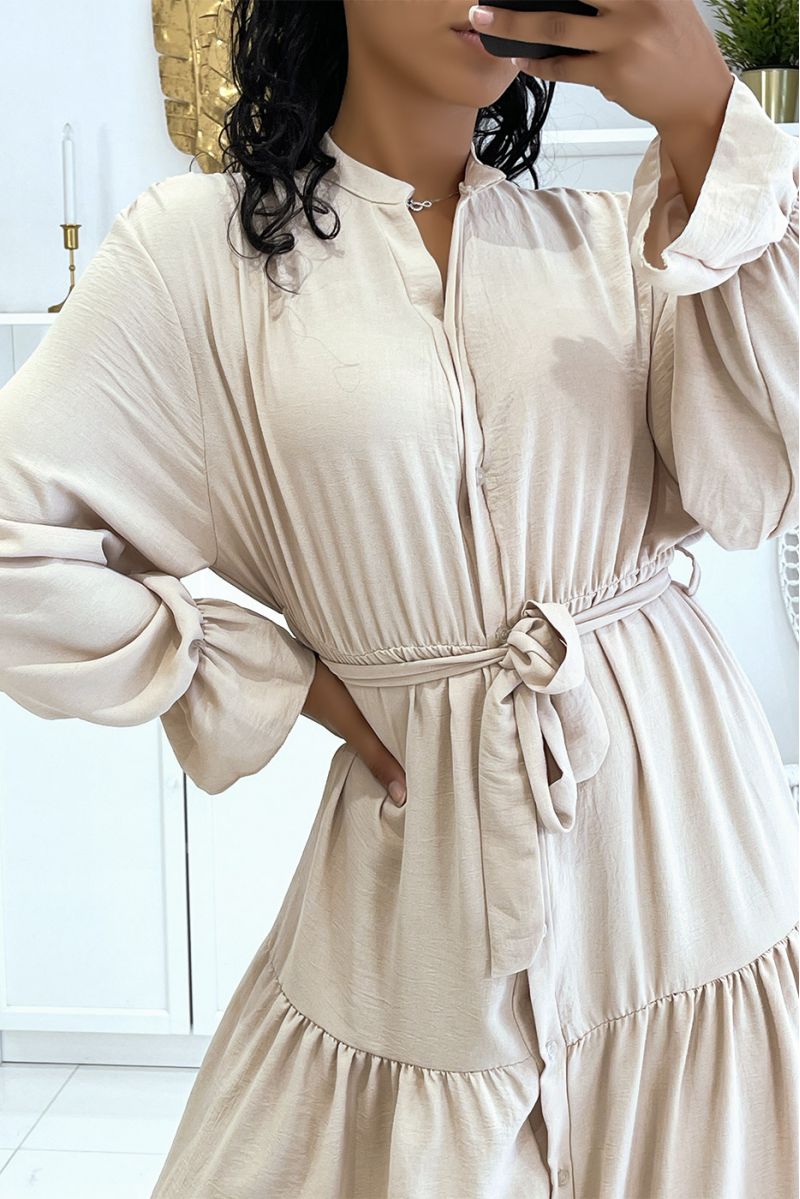 Lange beige jurk met knopen en lange mouwen, los en comfortabel - 5