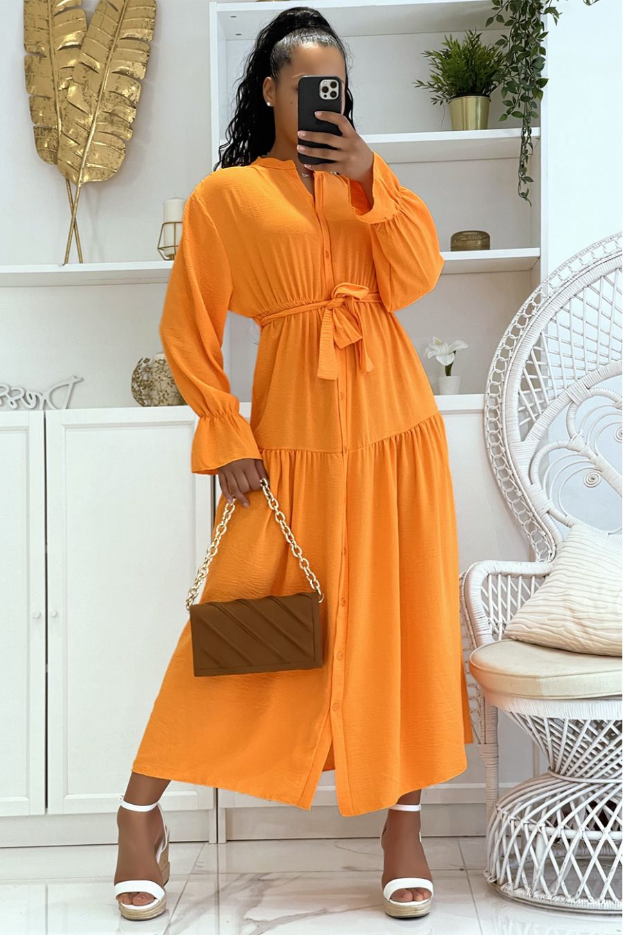 Long orange dress with buttons and long sleeves, loose and comfortable - 1