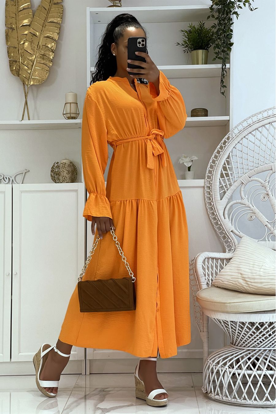 Long orange dress with buttons and long sleeves, loose and comfortable - 2
