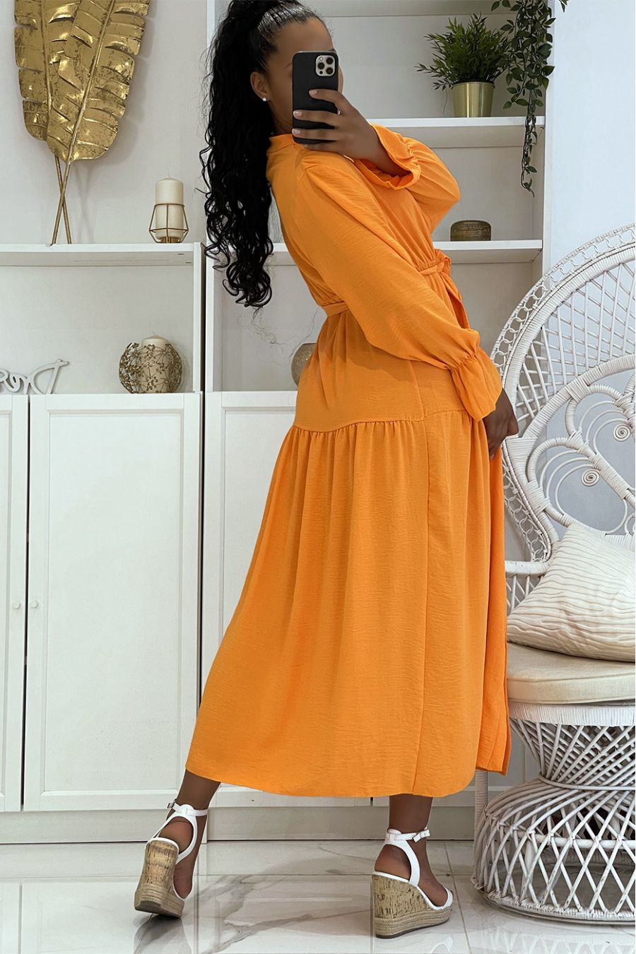Longue robe orange à boutons et manches longues ample et confortable - 4