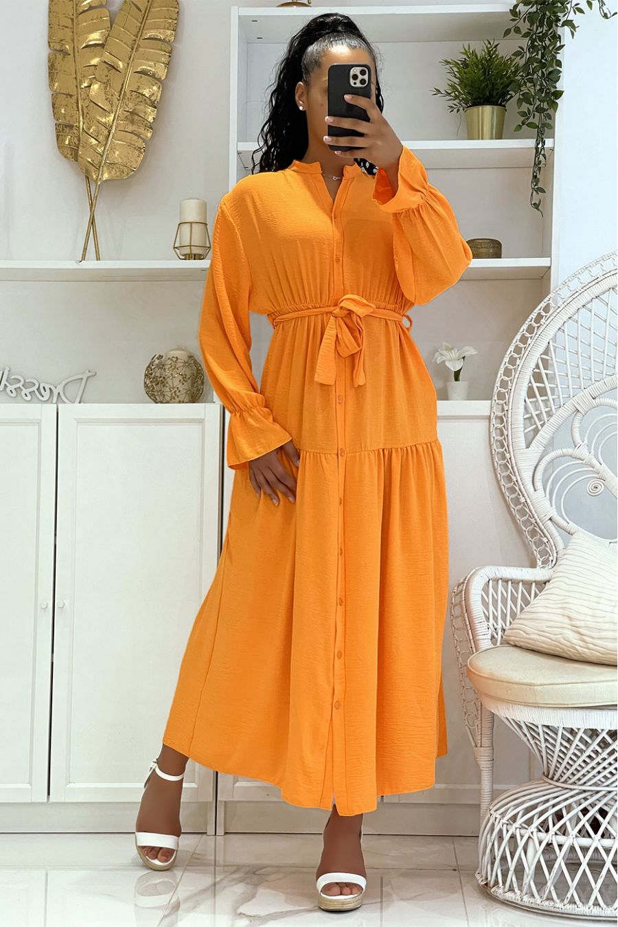 Long orange dress with buttons and long sleeves, loose and comfortable - 5