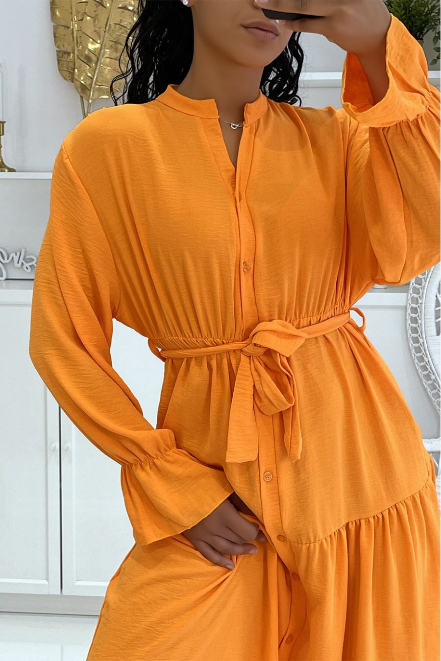 Long orange dress with buttons and long sleeves, loose and comfortable - 6