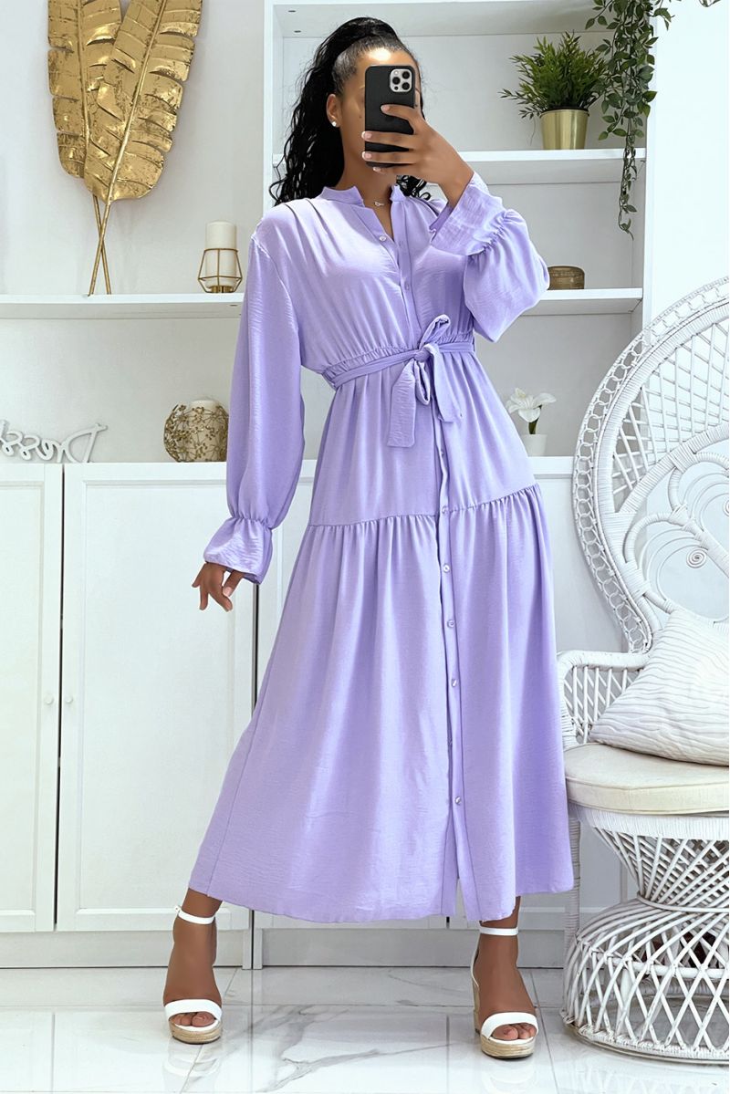 Long lilac dress with buttons and long sleeves, loose and comfortable - 1