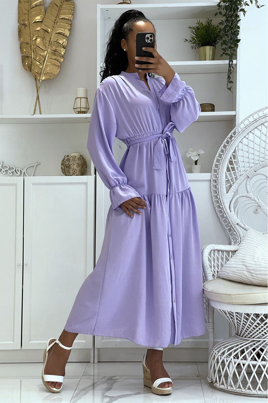Long lilac dress with buttons and long sleeves, loose and comfortable - 2