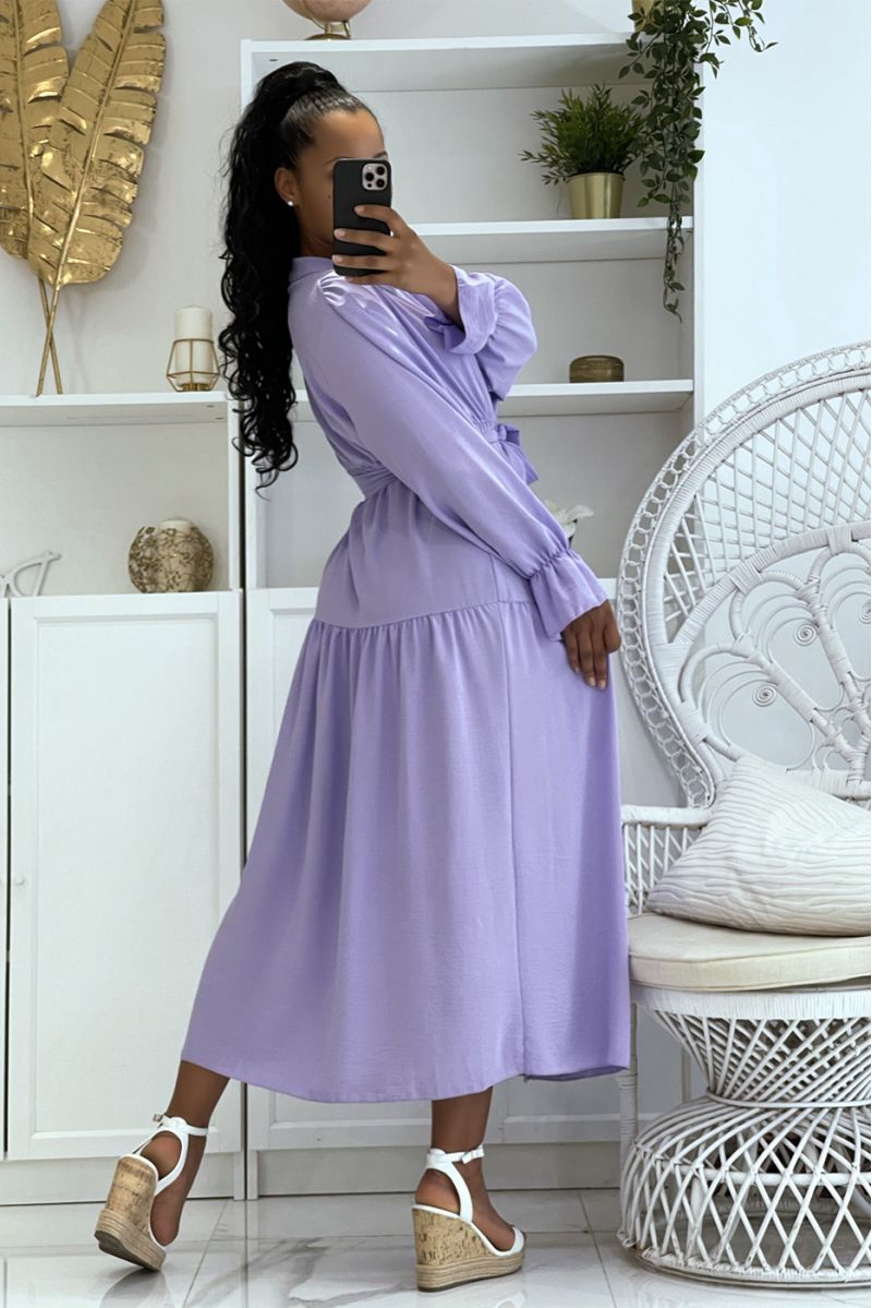 Longue robe lilas à boutons et manches longues ample et confortable - 3