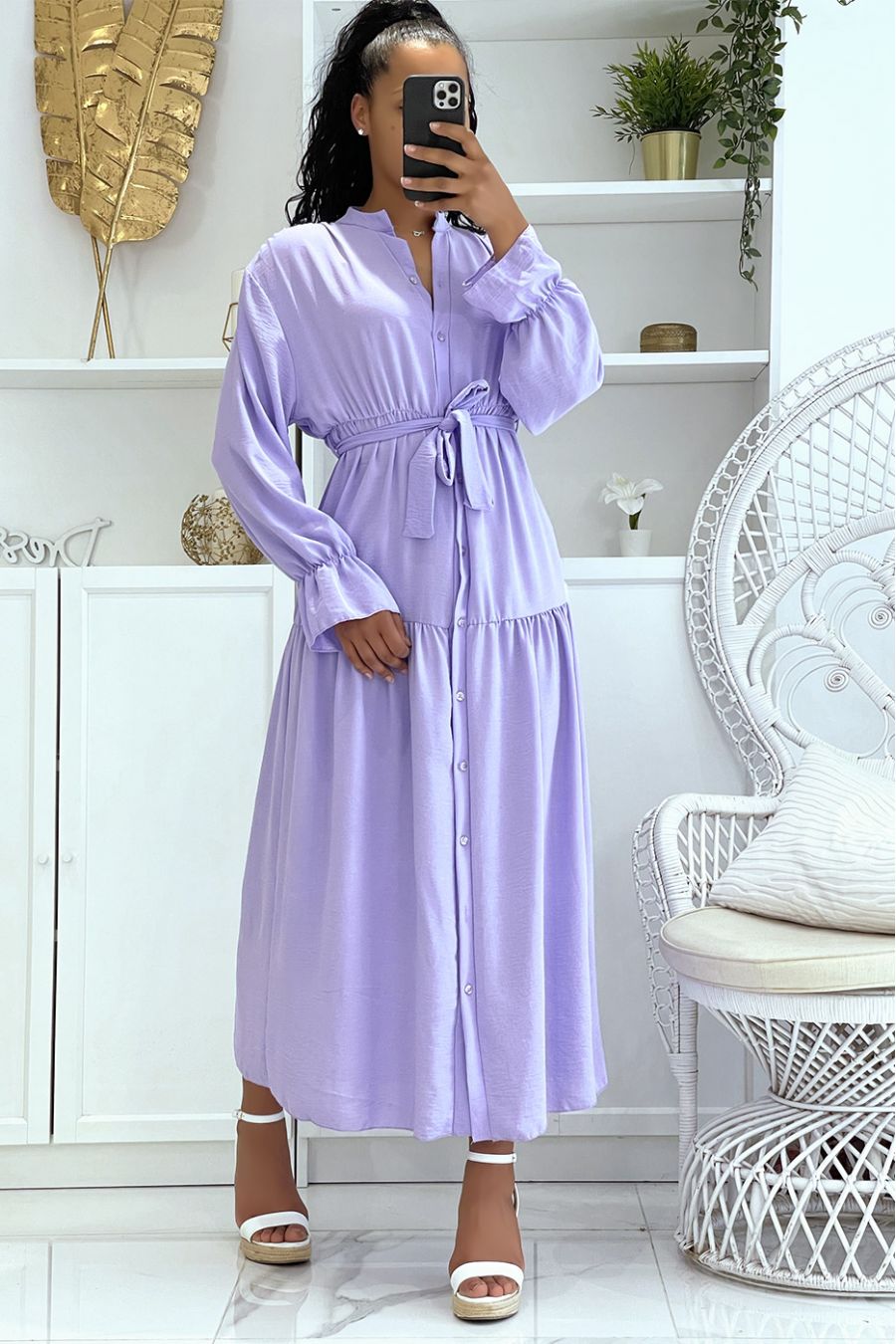 Longue robe lilas à boutons et manches longues ample et confortable - 4