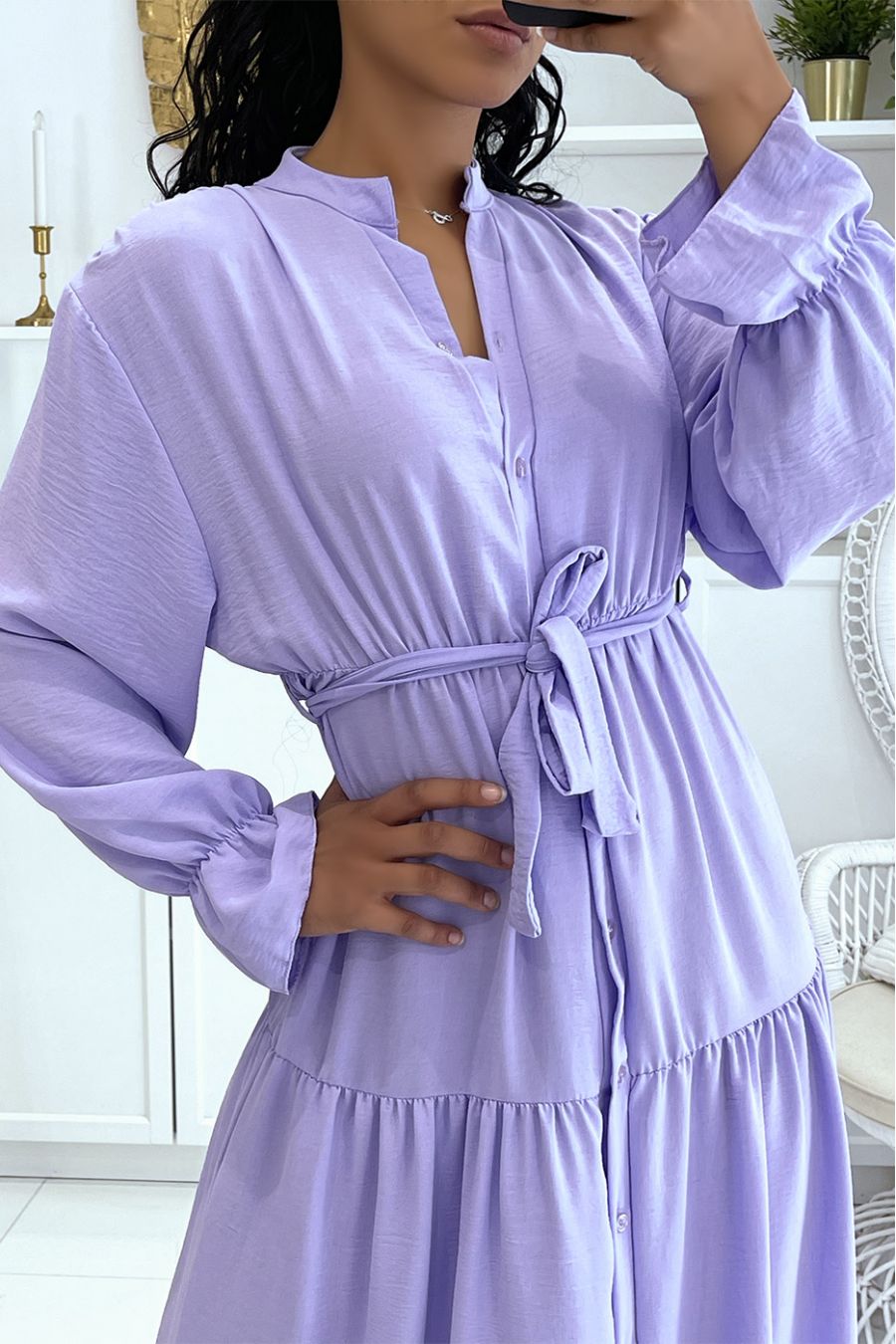 Long lilac dress with buttons and long sleeves, loose and comfortable - 5