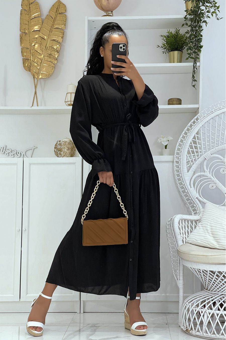 Long black dress with buttons and loose and comfortable long sleeves - 2