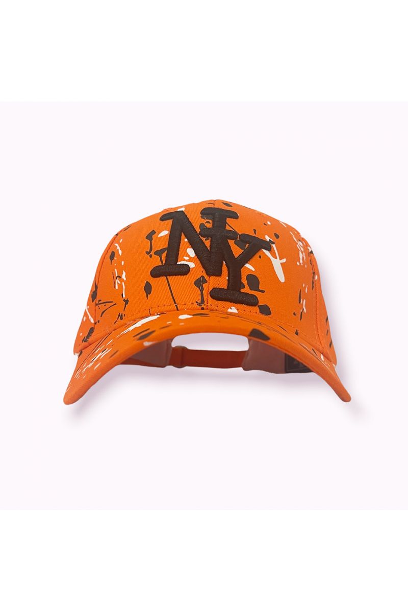 Casquette NY New York orange avec taches de peinture  - 1