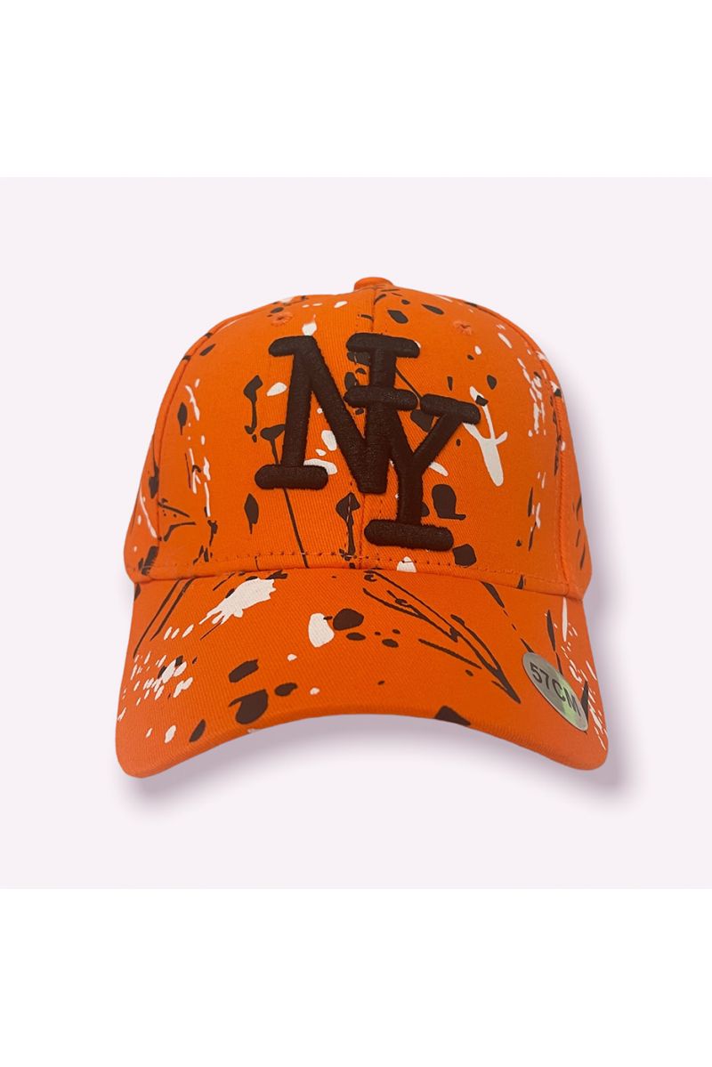 Casquette NY New York orange avec taches de peinture  - 2