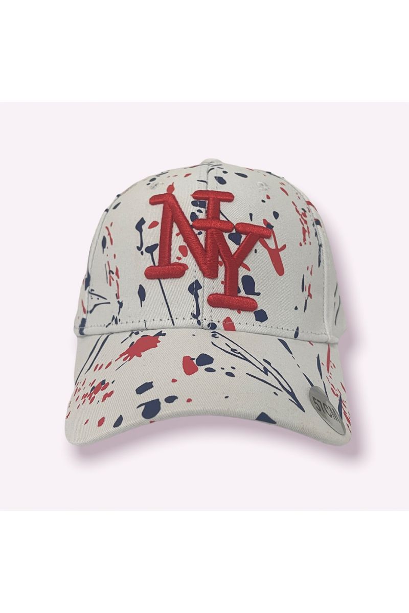 NY New York cap beige red blue with paint stains - 1