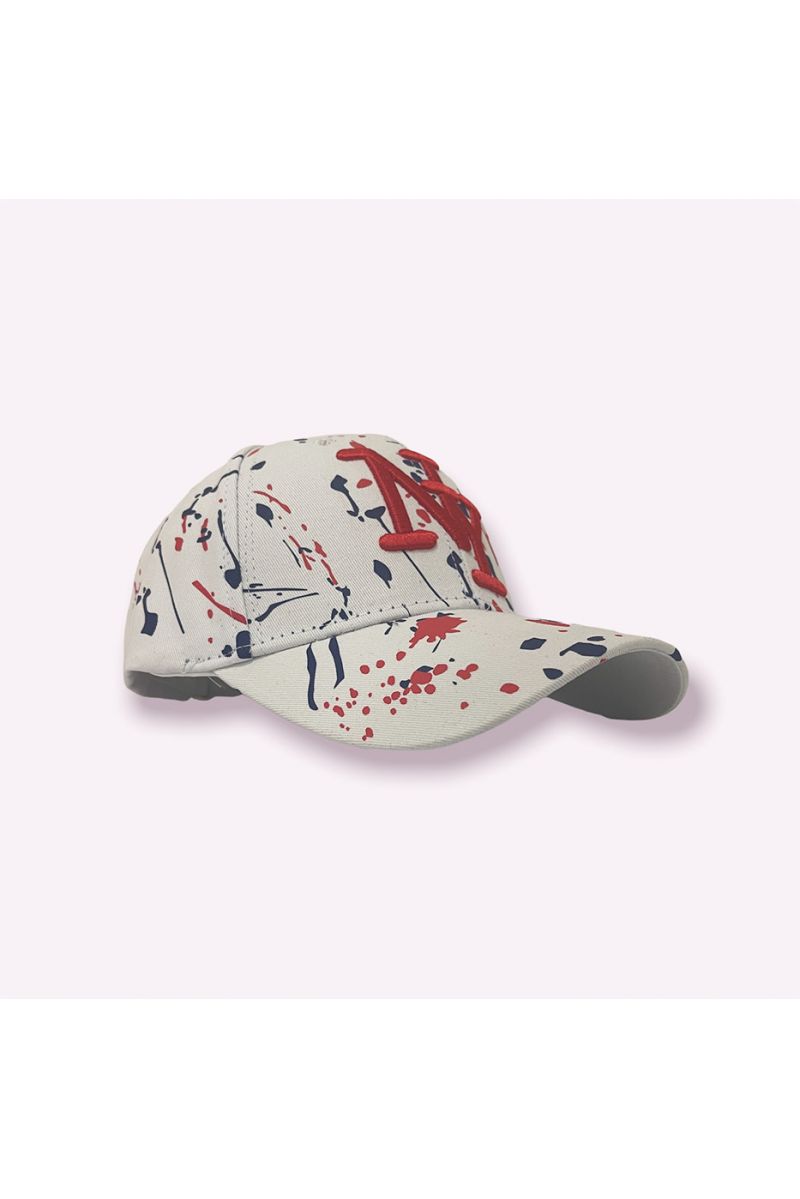 NY New York cap beige red blue with paint stains - 2