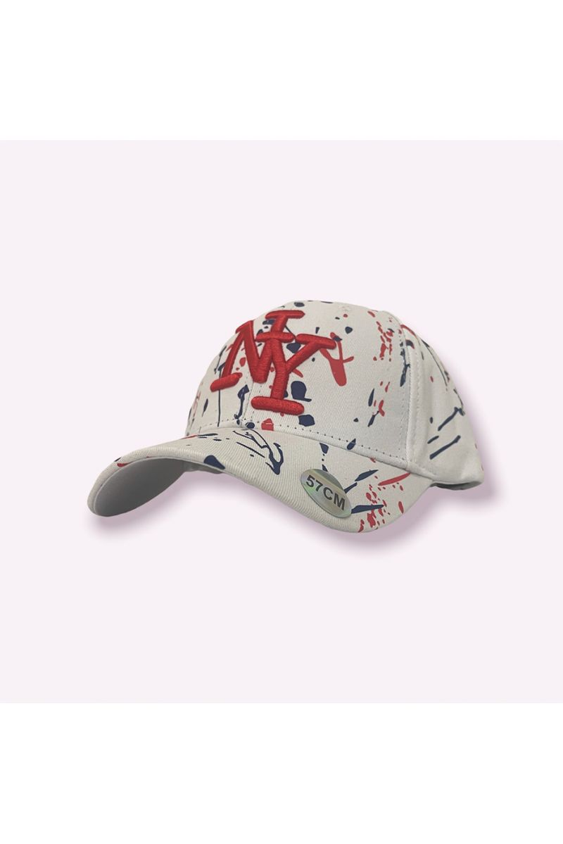 NY New York cap beige red blue with paint stains - 3