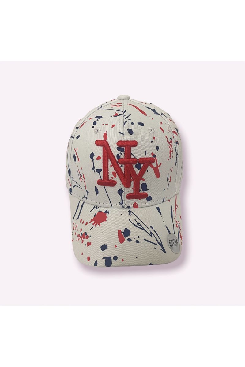 NY New York cap beige red blue with paint stains - 6