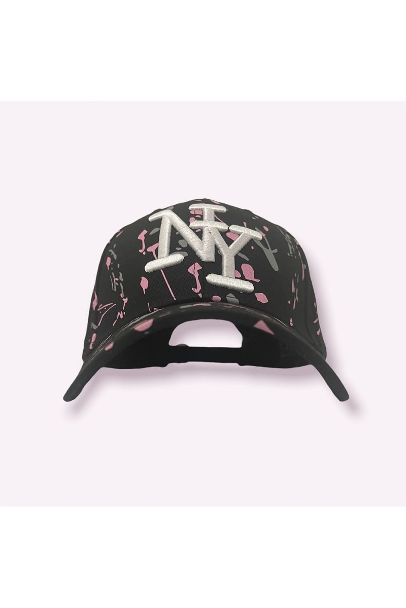 NY New York cap black pink gray with paint stains - 1