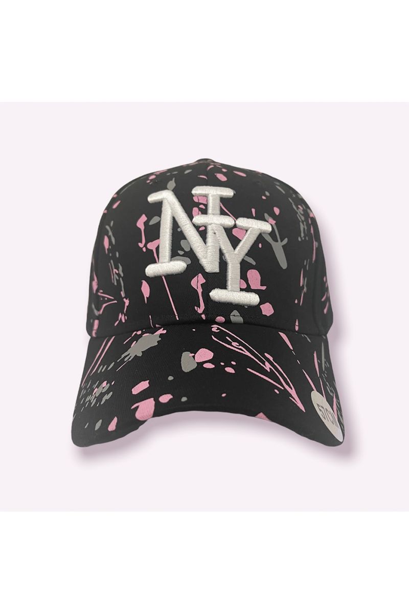 Casquette NY New York noir rose gris avec taches de peinture  - 2