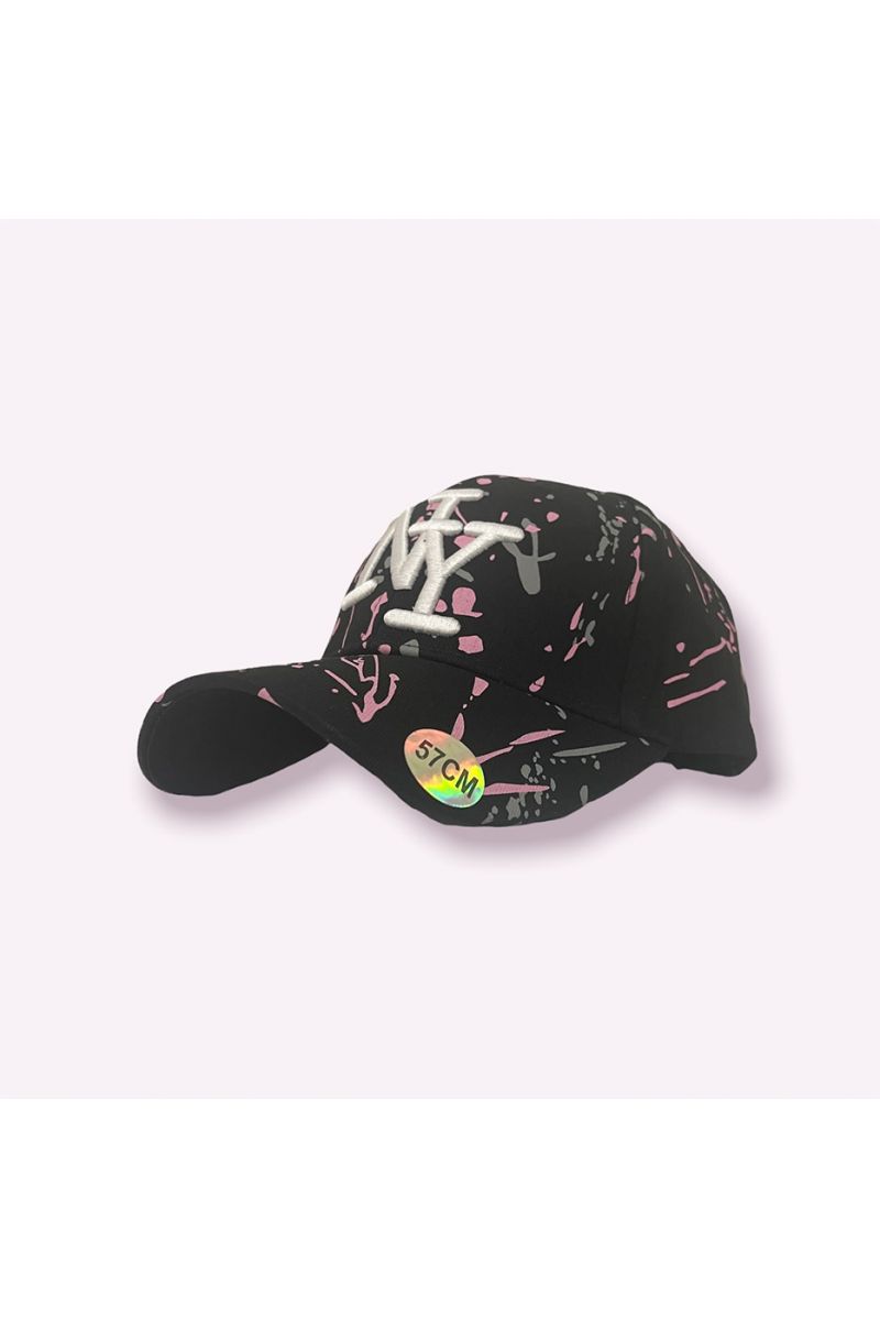 NY New York cap black pink gray with paint stains - 3