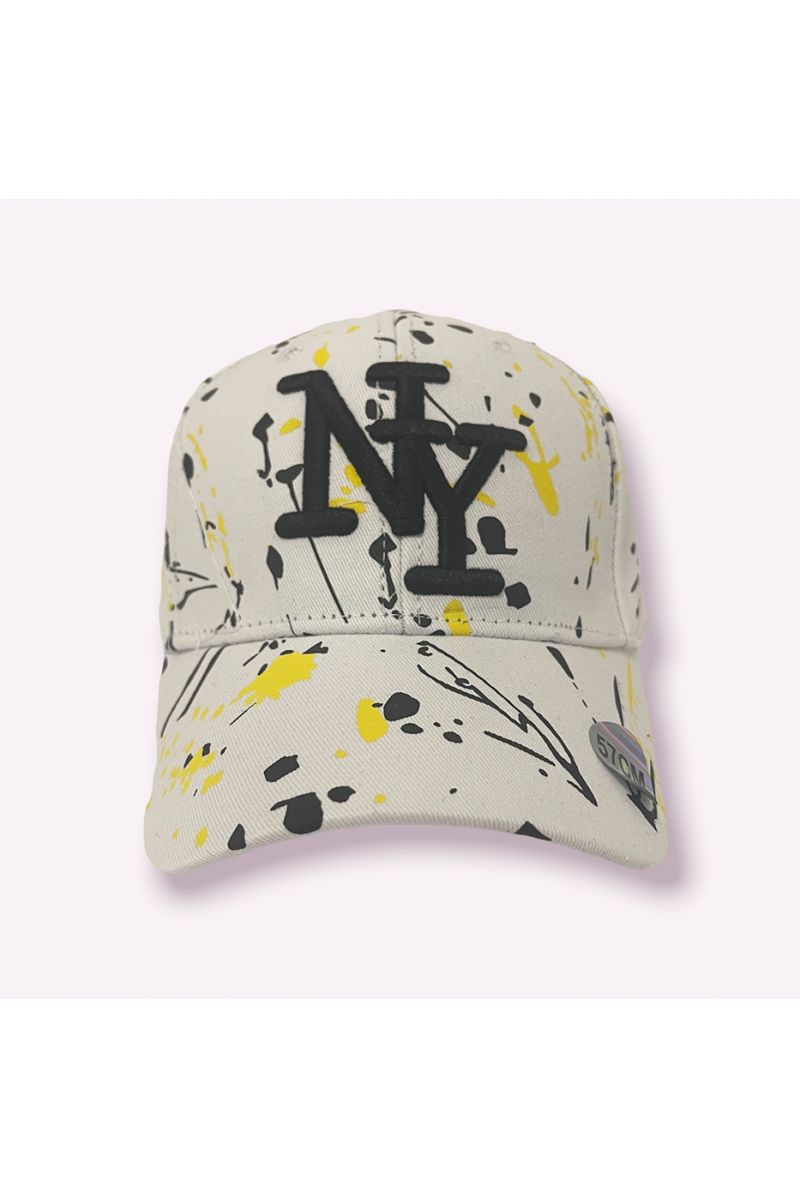 Casquette NY New York beige noir jaune avec taches de peinture  - 1