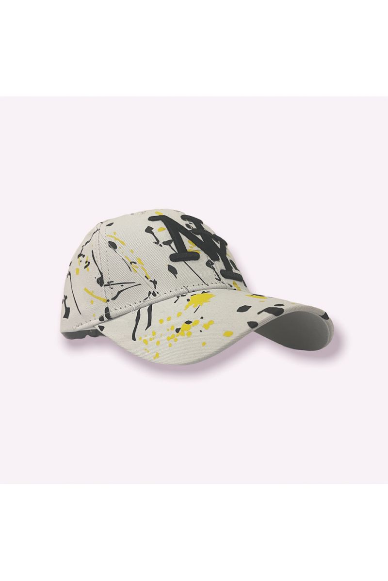 NY New York beige black yellow cap with paint stains - 3