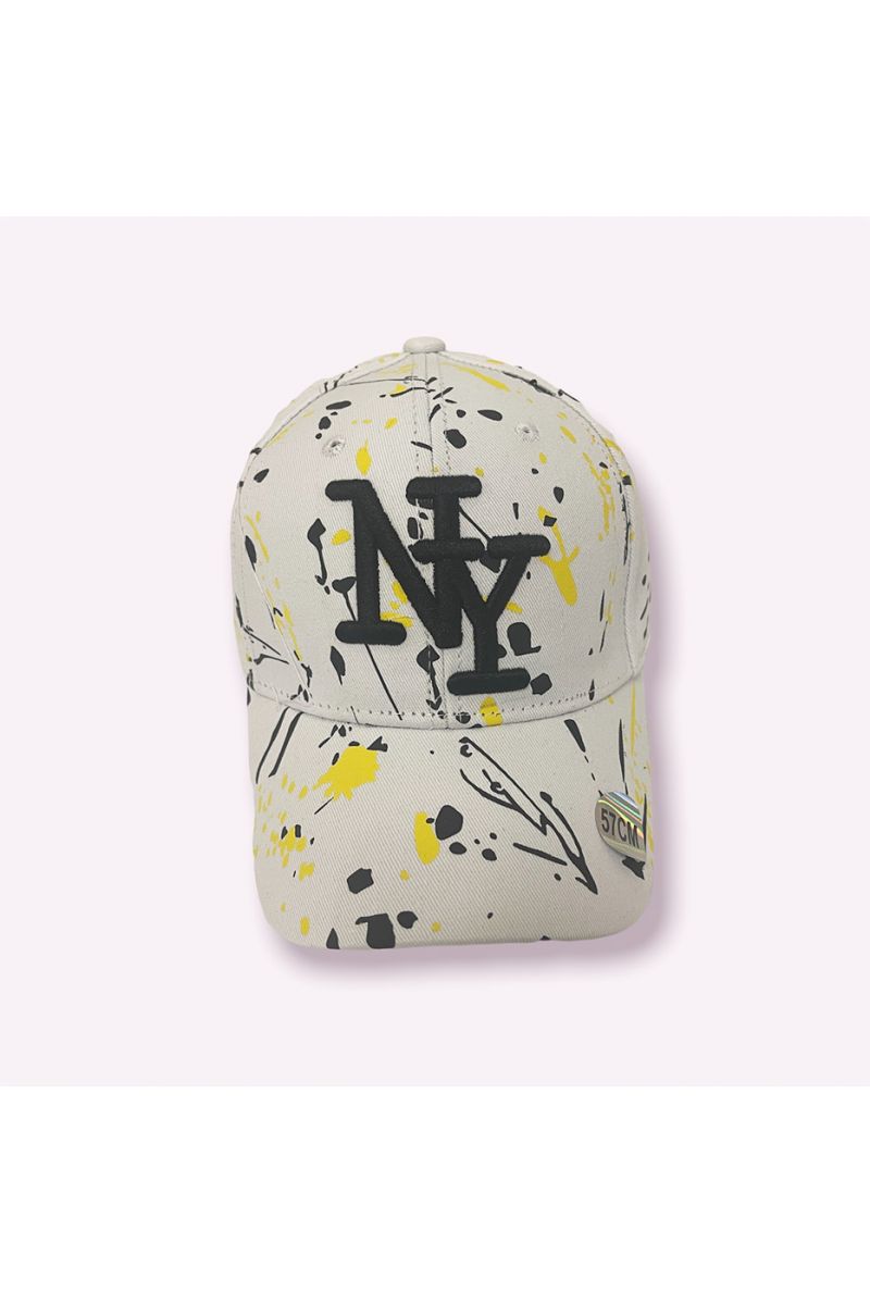 NY New York beige black yellow cap with paint stains - 4