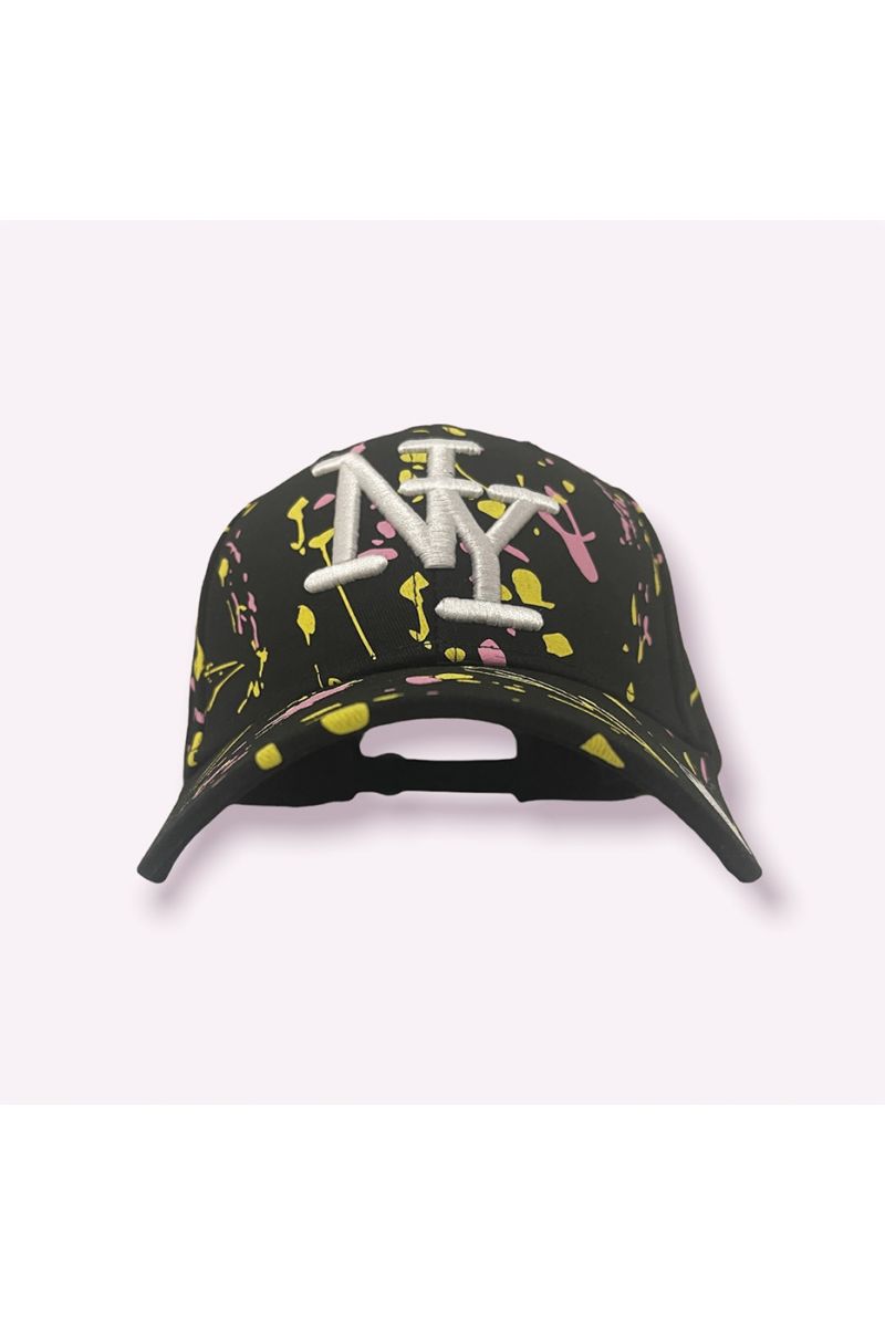 NY New York cap black yellow pink with paint stains - 1