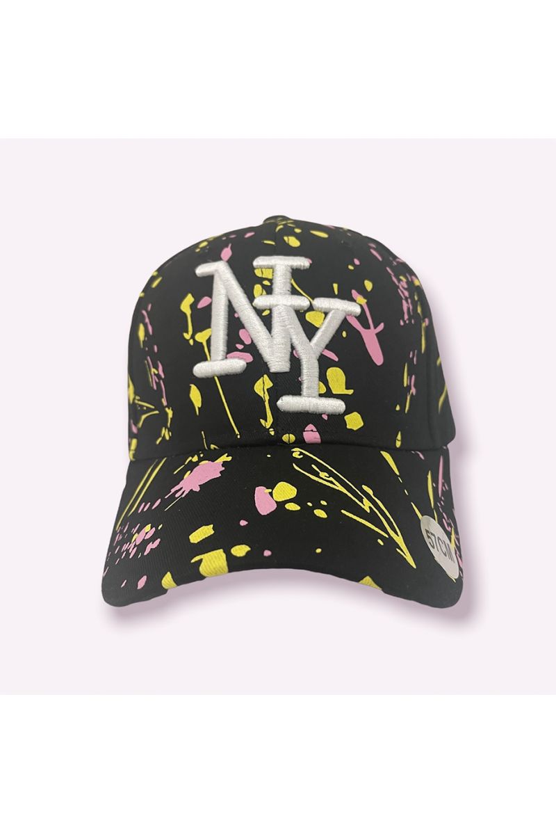 NY New York cap black yellow pink with paint stains - 2