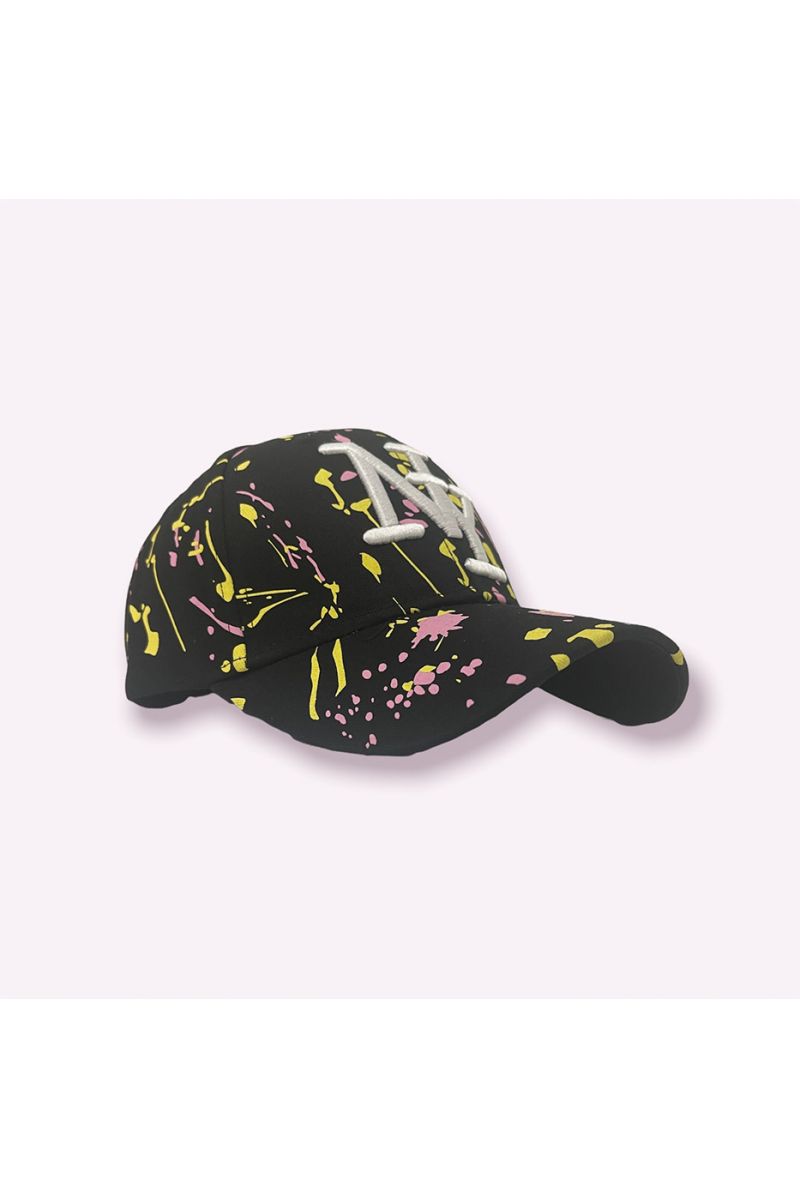 NY New York cap black yellow pink with paint stains - 3