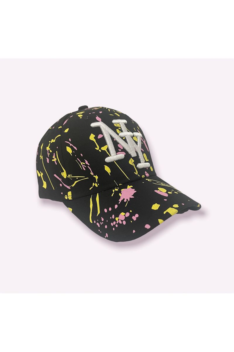 NY New York cap black yellow pink with paint stains - 4