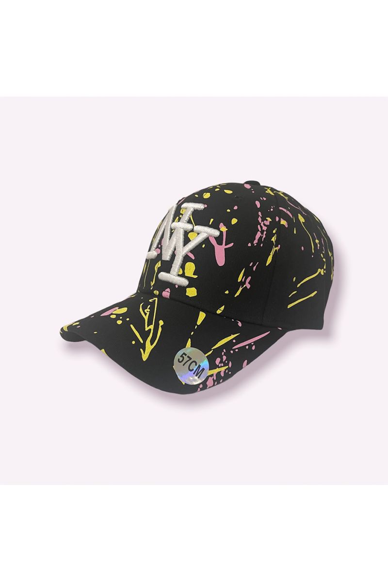 NY New York cap black yellow pink with paint stains - 5